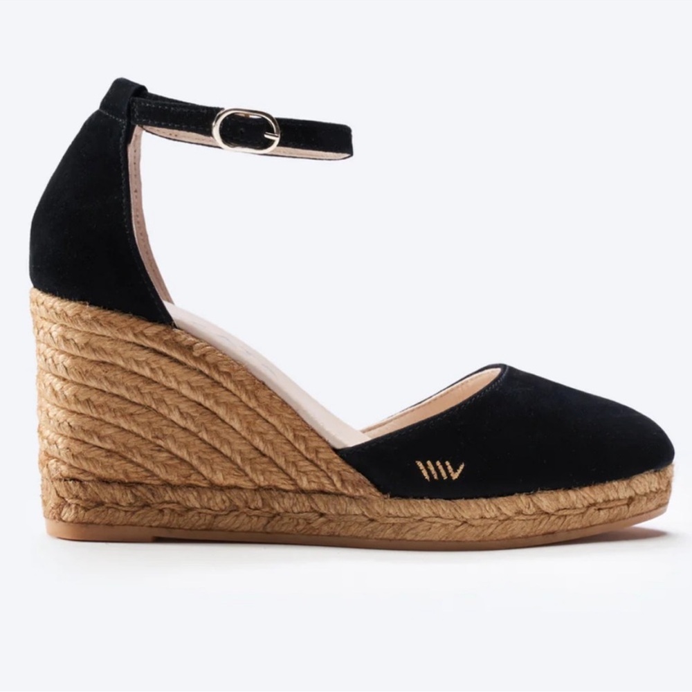 Women's Black Espadrille Wedge Sandals with Ankle Strap 39